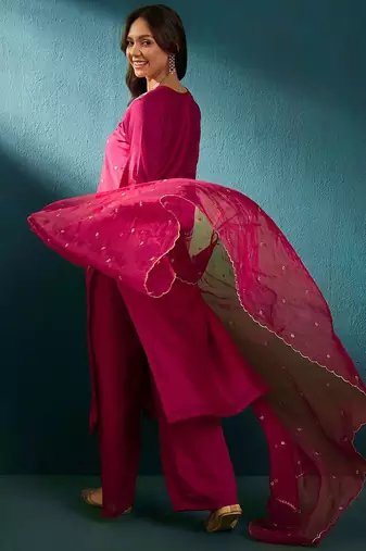 Floral embroidered v-neck thread work straight kurta with trousers and dupatta