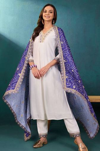 Zari v-neck straight kurta with trousers with dupatta