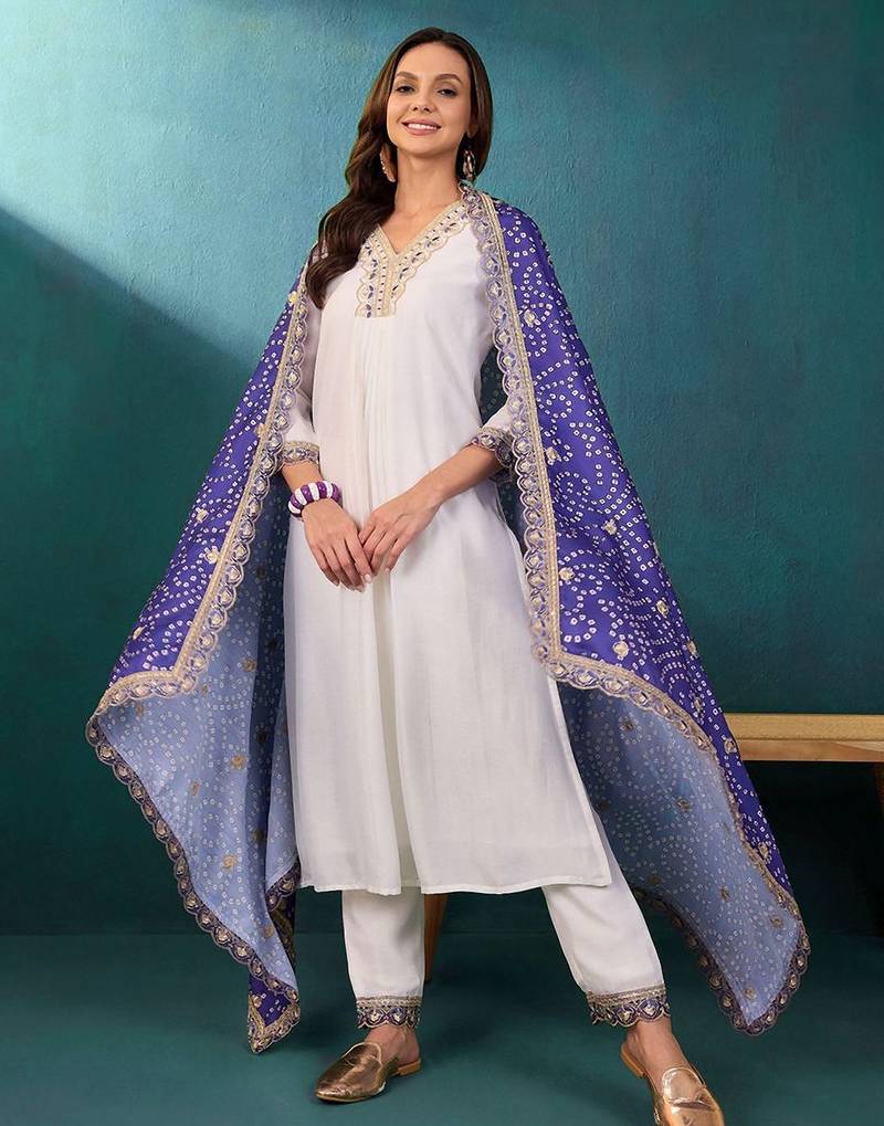 Zari v-neck straight kurta with trousers with dupatta