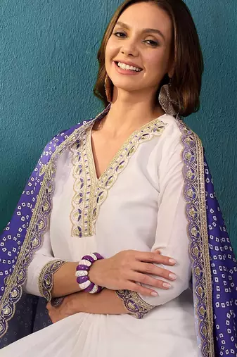 Zari v-neck straight kurta with trousers with dupatta
