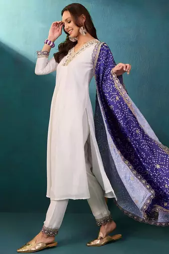 Zari v-neck straight kurta with trousers with dupatta