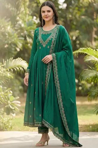 Women ethnic motifs embroidered pleated thread work kurta with trousers & with dupatta