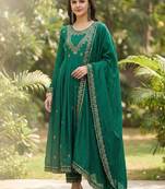 Women ethnic motifs embroidered pleated thread work kurta with trousers & with dupatta