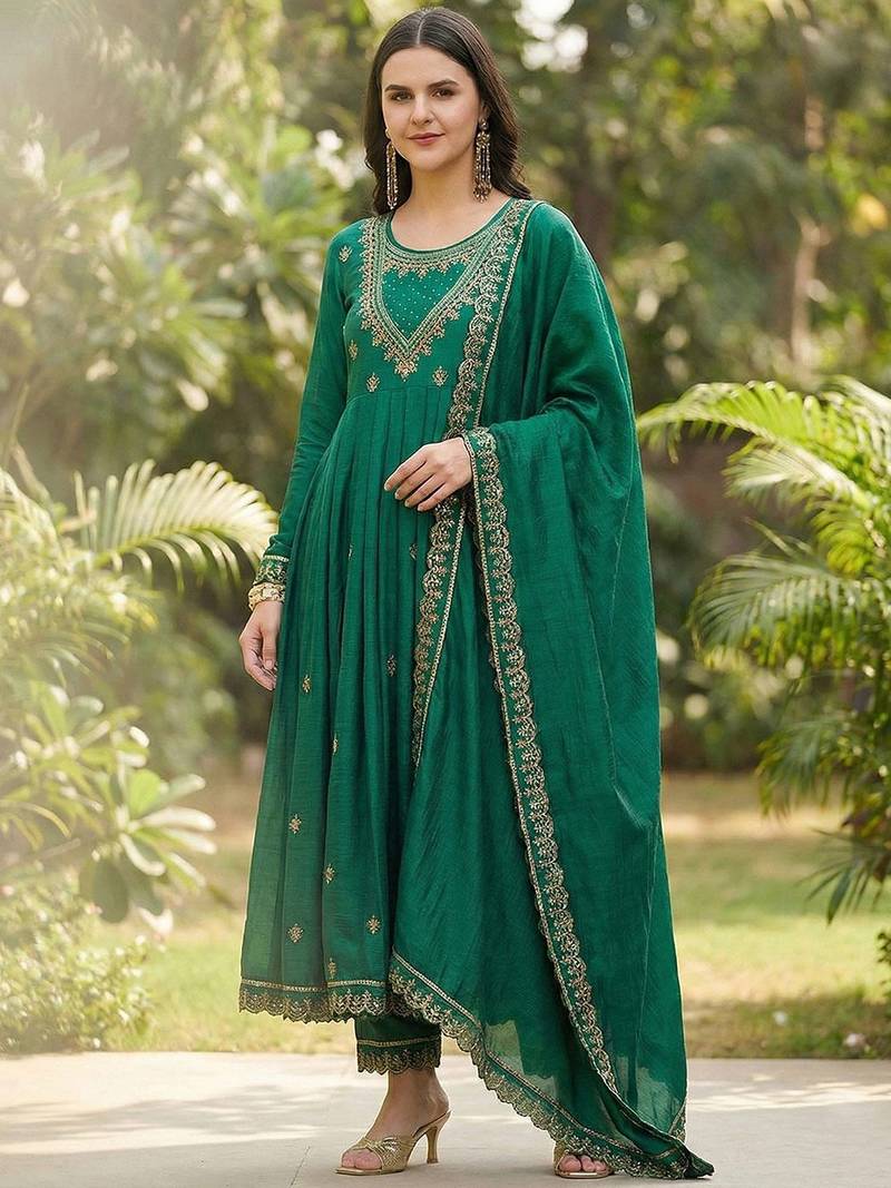 Women ethnic motifs embroidered pleated thread work kurta with trousers & with dupatta