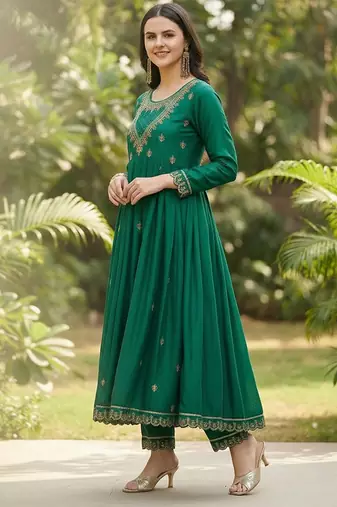 Women ethnic motifs embroidered pleated thread work kurta with trousers & with dupatta