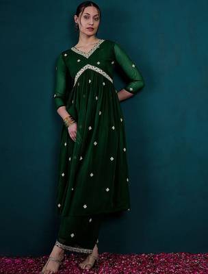 Floral embroidered empire v-neck georgette a-line kurta with palazzos 1