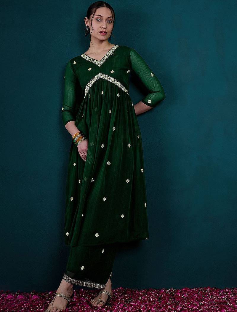 Floral embroidered empire v-neck georgette a-line kurta with palazzos