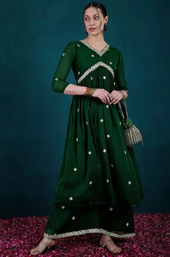 Floral embroidered empire v-neck georgette a-line kurta with palazzos