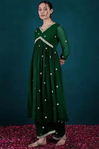 Floral embroidered empire v-neck georgette a-line kurta with palazzos
