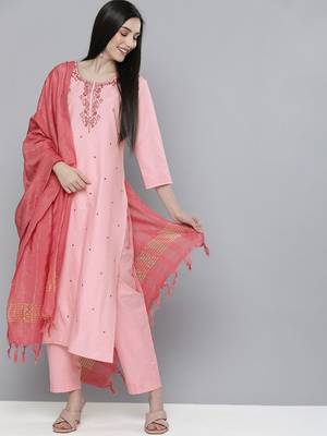 Women pink ethnic motifs embroidered mirror work pure cotton kurta with trousers & with dupatta 1