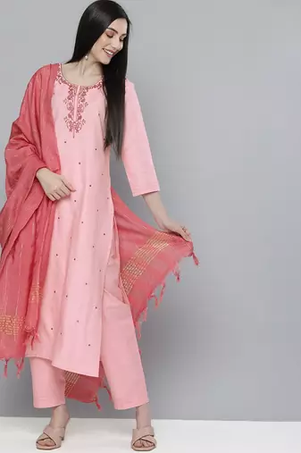 Women pink ethnic motifs embroidered mirror work pure cotton kurta with trousers & with dupatta