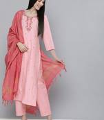 Women pink ethnic motifs embroidered mirror work pure cotton kurta with trousers & with dupatta