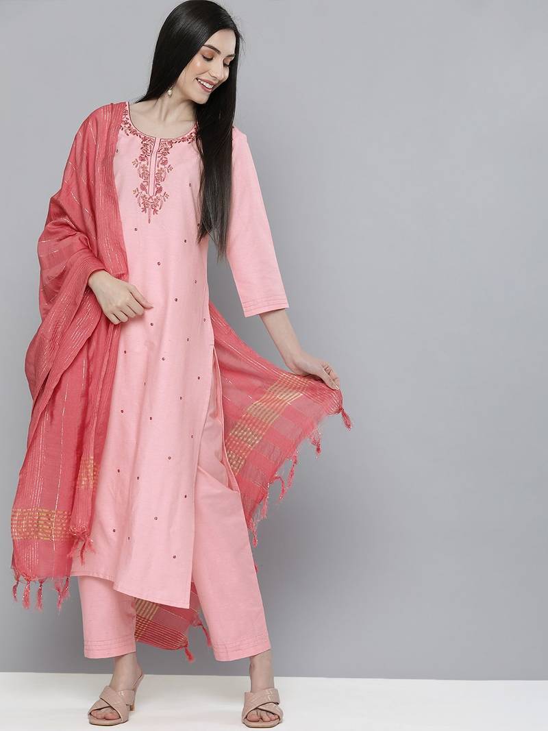 Women pink ethnic motifs embroidered mirror work pure cotton kurta with trousers & with dupatta