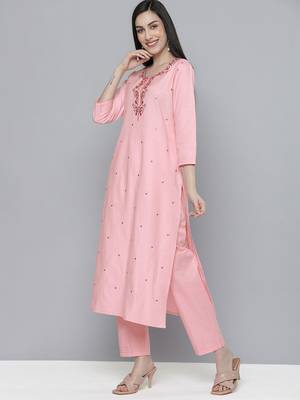 Women pink ethnic motifs embroidered mirror work pure cotton kurta with trousers & with dupatta 5