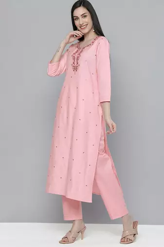 Women pink ethnic motifs embroidered mirror work pure cotton kurta with trousers & with dupatta