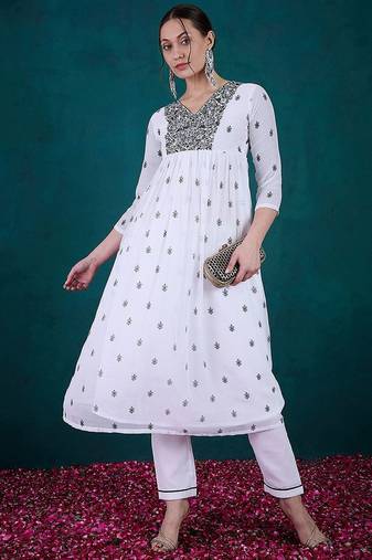 Floral embroidered v-neck georgette a-line kurta with trousers & dupatta