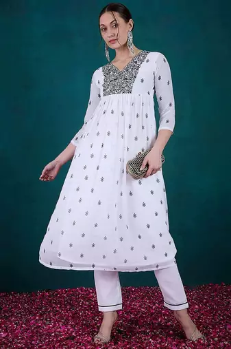 Floral embroidered v-neck georgette a-line kurta with trousers & dupatta