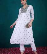 Floral embroidered v-neck georgette a-line kurta with trousers & dupatta