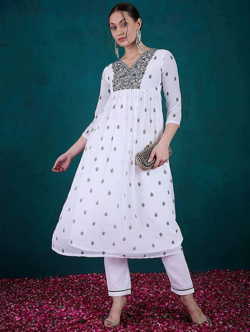 Floral embroidered v-neck georgette a-line kurta with trousers & dupatta
