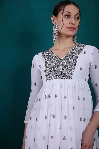 Floral embroidered v-neck georgette a-line kurta with trousers & dupatta
