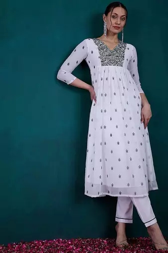 Floral embroidered v-neck georgette a-line kurta with trousers & dupatta