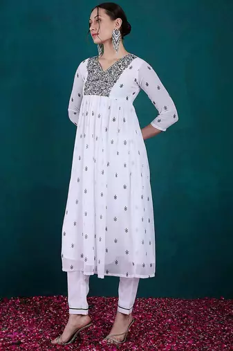 Floral embroidered v-neck georgette a-line kurta with trousers & dupatta