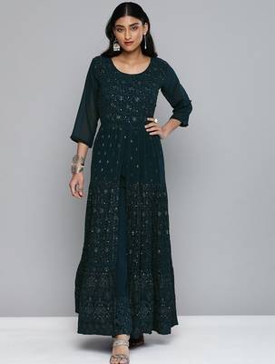 Women teal blue floral sequin embroidered pleated kurta with trousers 1
