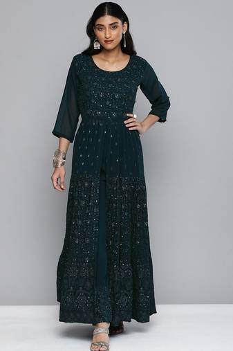 Women teal blue floral sequin embroidered pleated kurta with trousers