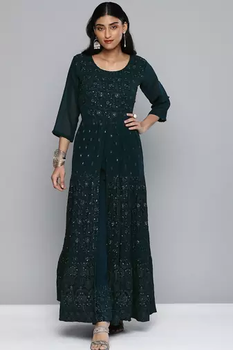Women teal blue floral sequin embroidered pleated kurta with trousers