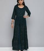 Women teal blue floral sequin embroidered pleated kurta with trousers