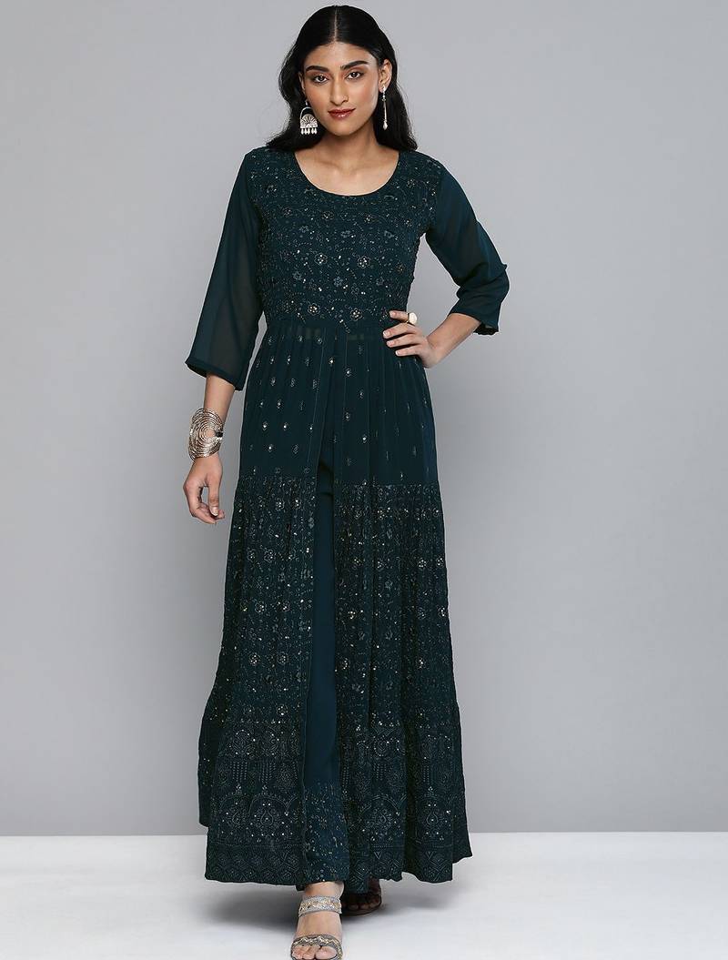 Women teal blue floral sequin embroidered pleated kurta with trousers
