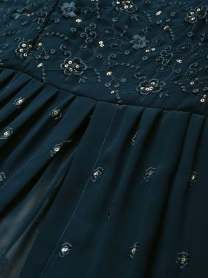 Women teal blue floral sequin embroidered pleated kurta with trousers 2