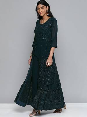 Women teal blue floral sequin embroidered pleated kurta with trousers 4