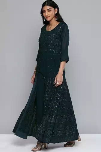 Women teal blue floral sequin embroidered pleated kurta with trousers