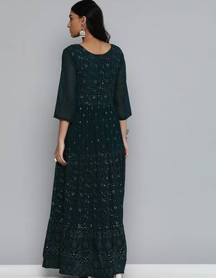 Women teal blue floral sequin embroidered pleated kurta with trousers 5