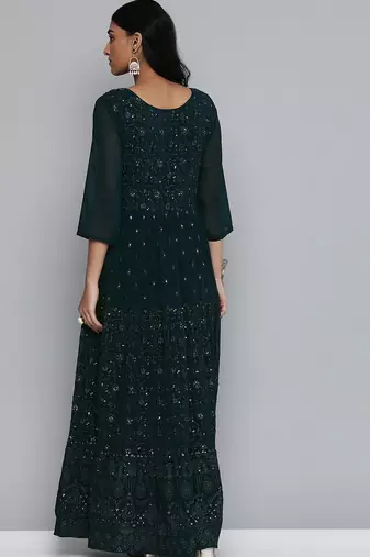 Women teal blue floral sequin embroidered pleated kurta with trousers