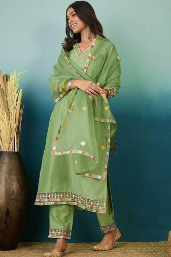 Floral printed v-neck thread work straight kurta with trousers & dupatta