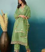 Floral printed v-neck thread work straight kurta with trousers & dupatta