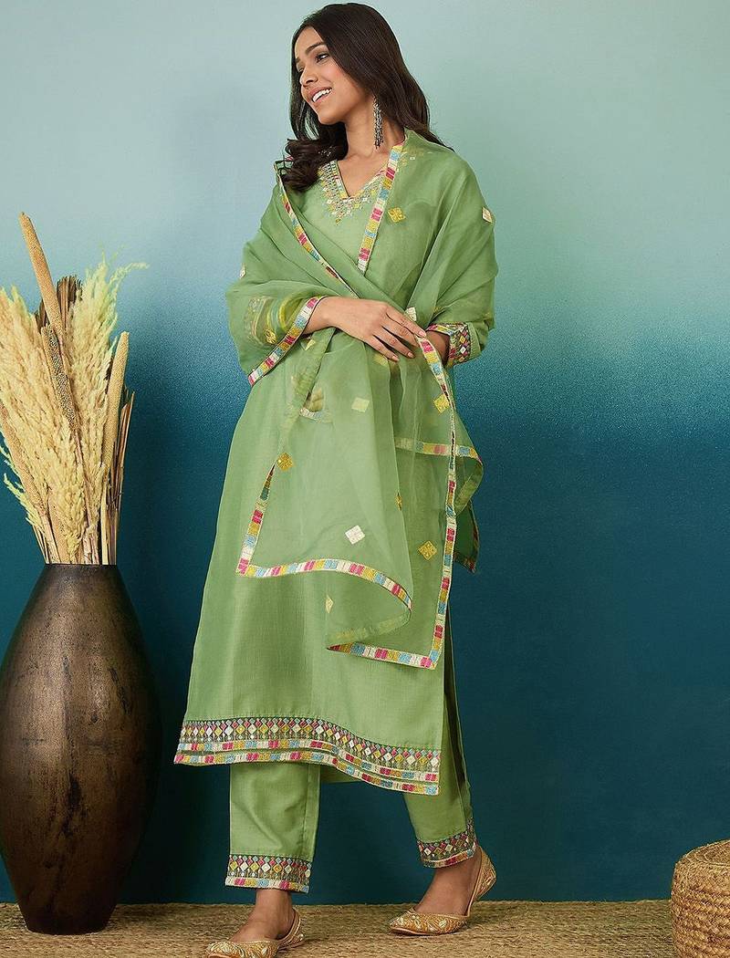Floral printed v-neck thread work straight kurta with trousers & dupatta