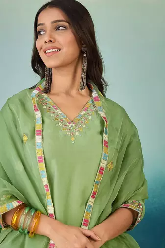 Floral printed v-neck thread work straight kurta with trousers & dupatta