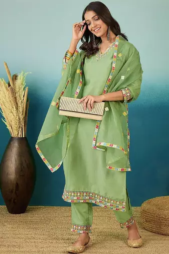 Floral printed v-neck thread work straight kurta with trousers & dupatta