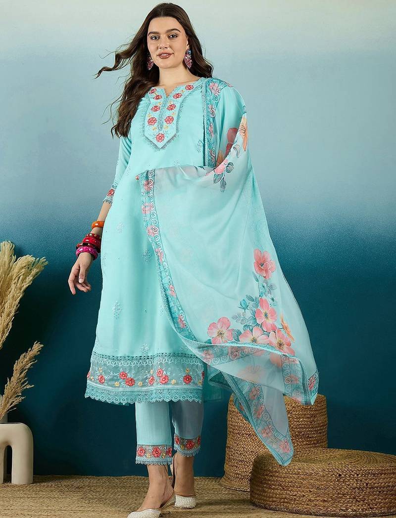 Floral printed notch neck straight kurta with trousers