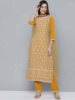 Women mustard yellow ethnic motifs embroidered kurta with trousers & with dupatta 1