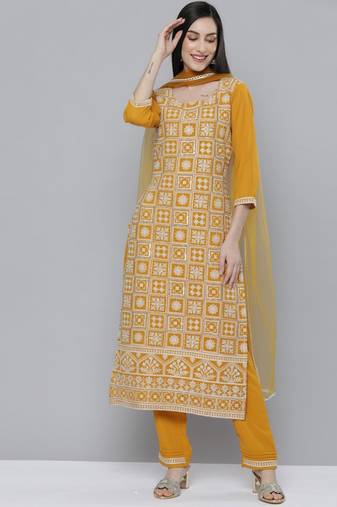 Women mustard yellow ethnic motifs embroidered kurta with trousers & with dupatta
