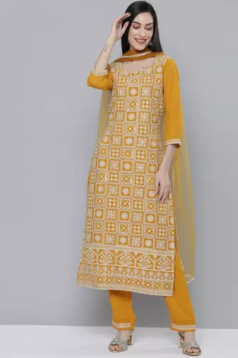 Women mustard yellow ethnic motifs embroidered kurta with trousers & with dupatta