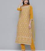 Women mustard yellow ethnic motifs embroidered kurta with trousers & with dupatta