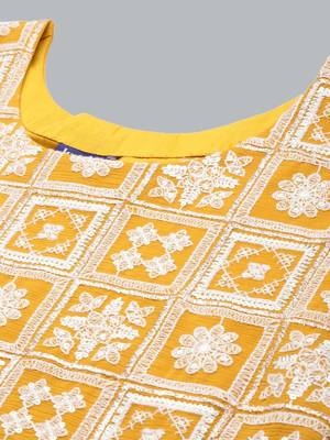 Women mustard yellow ethnic motifs embroidered kurta with trousers & with dupatta 2