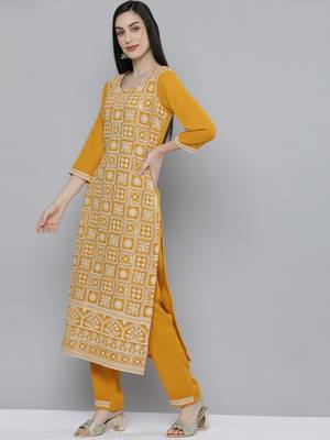 Women mustard yellow ethnic motifs embroidered kurta with trousers & with dupatta 5