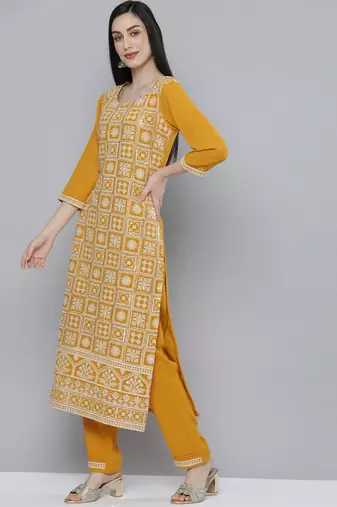 Women mustard yellow ethnic motifs embroidered kurta with trousers & with dupatta