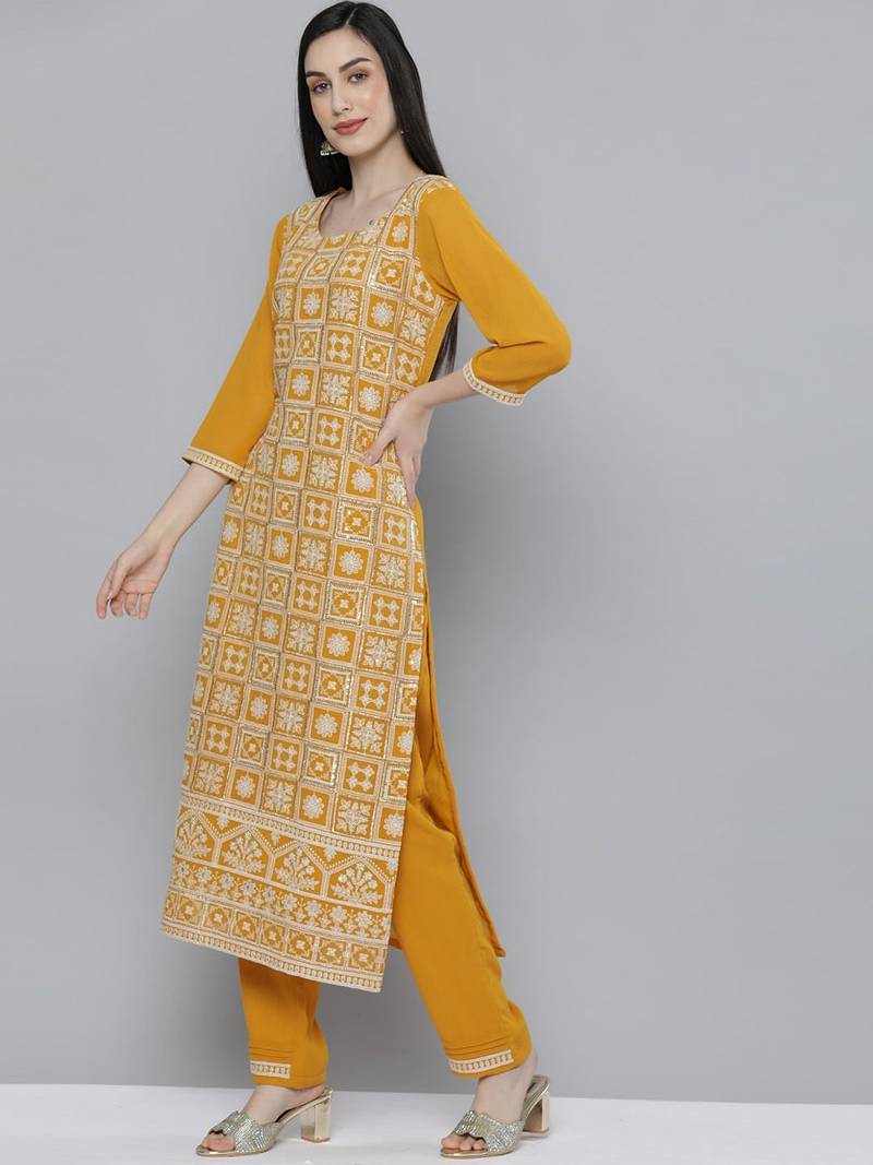 Women mustard yellow ethnic motifs embroidered kurta with trousers & with dupatta